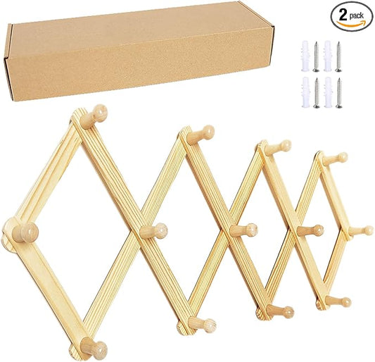 AMAPON Accordion Style Expandable Wall Wooden Coat Rack 13 Hooks (Pegs) Hang Hats Jackets Coffee Mug Purses Necklaces Towels Cap Leash Scarves Data Line Kitchenware (2 Pack)