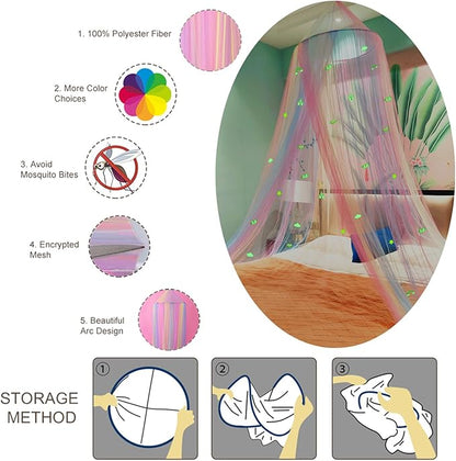 Eimilaly Princess Rainbow Bed Canopy with Unicorn Castle Glow in The Dark, Bed Canopy for Girls Room Decor or Fairy Theme Party