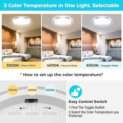 zemty LED Ceiling Light Fixture, 6.5-Inch 12W 1200lm Small Flush Mount Light, Adjustable 3000K 4000K 6500K Color Temperatures, Round Flat Recessed Lighting for Kitchen Closet Hallway Laundry, Nickel