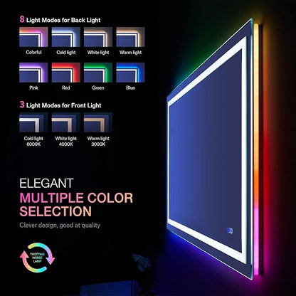 LOAAO 24”X30“ RGB LED Bathroom Mirror with Lights, Large, Anti-Fog, Dimmable Smart Lighted Bathroom Vanity Mirror, Multiple Light Modes, RGB Backlit + Front Light, Memory Function, Tempered Glass