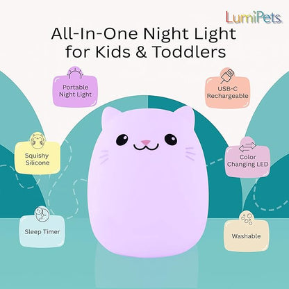 Lumipets Clive The Cat Squishy Silicone Night Light for Kids | Cute Night Light with Remote & Touch Control for Baby & Toddler Bedrooms | Color Changing Portable Animal Nightlight | Kids Mood Lamp