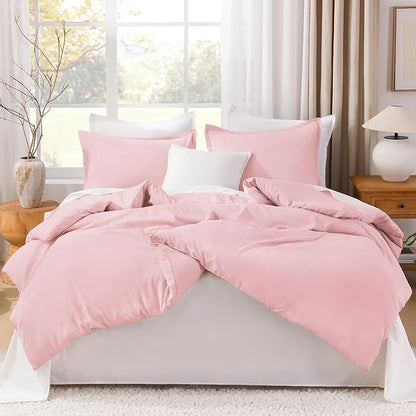 Litanika Comforters Pink Super King Size, 3 Pieces Lightweight Solid Bedding Set & Collections, All Season Fluffy Bed Set (120x120In Comforter & 2 Pillowcases)