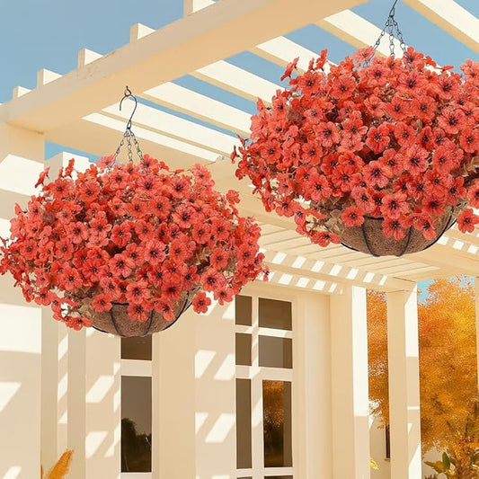 Geegoods Artificial Hanging Baskets for Outdoors Decoration, 24 Pcs Artficial Outdoor Flowers with Hanging Baskets UV Resistant Look Real Orange Mums for Autumn Porch Patio Balcony Yard Home Decor