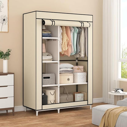 Calmootey Portable Closet Organizers, Clothing Storage, Wardrobe with 6 Shelves and Hanging Rod, Non-Woven Fabric Cover with 4 Side Pockets, Beige