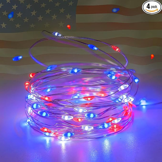 Christmas Fairy Lights Decorations, 4-Pack Red White and Blue Battery Operated Lights with Timer, Waterproof 16FT 50 LED String Light Indoor Outdoor for Xmas Tree Party Home Memorial Day DIY Decor