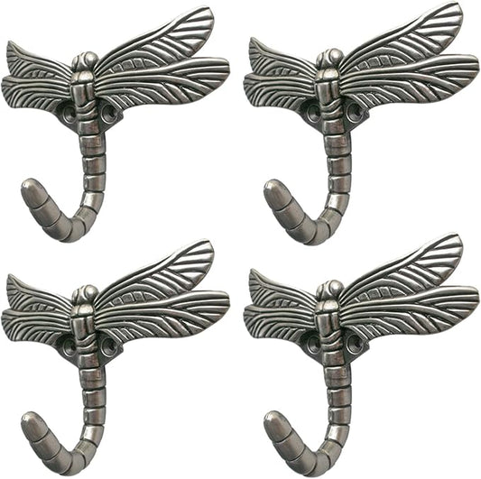 Dragonfly Hooks Wall Mounted Cloak Rack, Animal Heavy Duty Vintage Decorative Hooks, Indoor Outdoor Universal Cloak Rack Hooks for Coat Towel Robe Clothes Hats Bags Keys, Pack of 4