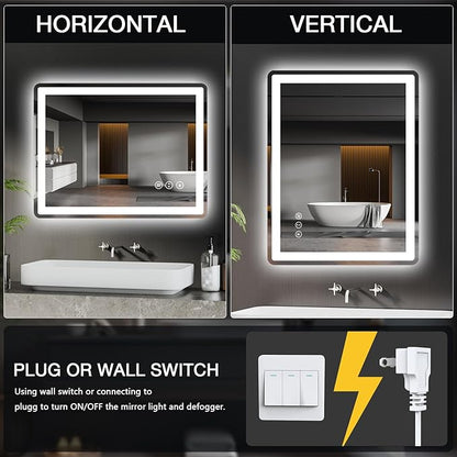 28x36 LED Bathroom Mirror with Front and Backlight, Anti-Fog, Dimmable, Lighted Bathroom Vanity Mirror for Wall, Shatter-Proof Led Mirror for Bathroom, Tempered Glass(Horizontal/Vertical)