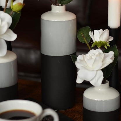 Iconic Dipped Scandinavian Style Bud Vases, Set of 3, Glazed Porcelain, Tonal Shades, Pale Grey, Grey, and Black, Round, 11.5, 7, 4.25 Inches