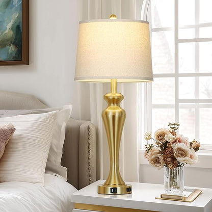 30" Gold Tall Table Lamps for Living Room, Touch Control Bedroom Lamp with USB A+C Ports and AC Outlet, 3-Way Dimmable Bedside Table Lamps Set of 2, Modern Metal Lamp for Nightstand