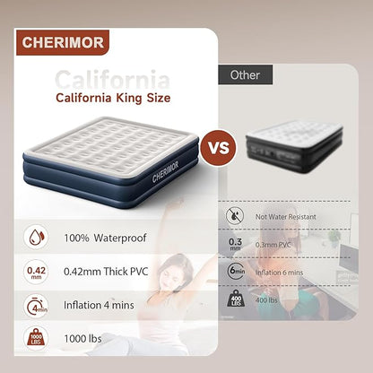 California King Size Air Mattress with Built in Pump, 18" Luxury Thick Inflatable Blow up Mattress for Guests & Home, Fast Self-Inflating Air Bed with Carry Bag for Camping
