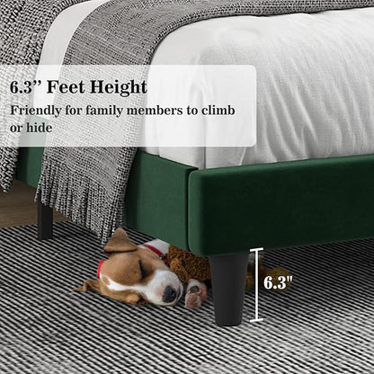 Allewie Queen Bed Frame/Velvet Upholstered Bed Frame with Vertical Channel Tufted Headboard/Strong Wooden Slats/Platform Bed Frame/Mattress Foundation/Box Spring Optional/Easy Assembly/Green