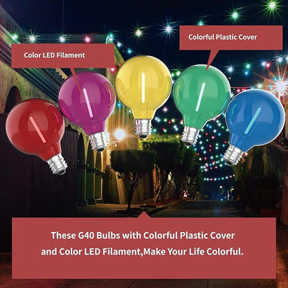 Meconard 25 Pack G40 Colored LED String Light Bulbs, E12/C7 Candelabra Base Shatterproof LED 1 Watt Globe Replacement Bulbs, Multi-Color: Red/Green/Blue/Orange/Purple