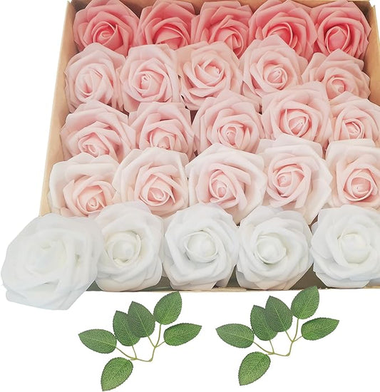 Artificial Flowers 25pcs Roses, Shade of Peach Foam Fake Rose Faux Flower for DIY Wedding Bouquets Bridal Shower Centerpieces Floral Arrangements Party Tables Home Decorations