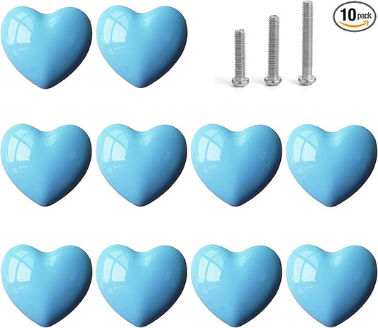 Ceramic Drawer Knobs Heart Shape Cabinet Dresser Pulls Handles with 3 Sized Screws, Kitchen Furniture Knobs for Closet Cupboard Wardrobe (10 Pack, Blue)