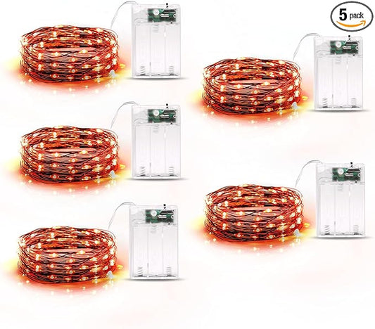5 Pack Fairy Lights Battery Operated, 7 Feet 20 Led String Lights with Timer, Waterproof Firefly Lights for Party Haunted House Indoor Outdoor Halloween Decorations, 6 Hours on/18 Hours Off, Orange