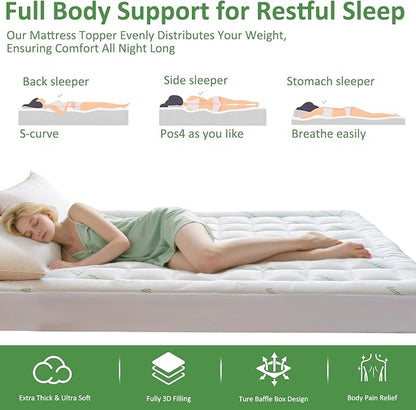 Bioeartha Cooling Mattress Topper King – Extra Soft Pillow Top Mattress Pad, Breathable Viscose Made from Bamboo Mattress Protector for Back Pain Relief, Deep Pocket Cover Fits 8–21 Inch