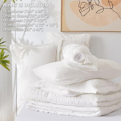 CozyLux California King Comforter Set with Sheets 7 Pieces, White Seersucker Bed in a Bag Cal King Luxury Soft Bedding Sets with Down Alternative Comforter, Sheets, Pillowcases & Shams for All Season