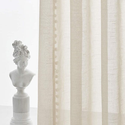 Treatmentex Pompom Linen Sheer Curtains for Living Room Bedroom 72 inches Long Slub Textured Window Curtain Drapes for Office 2 pcs, Beige