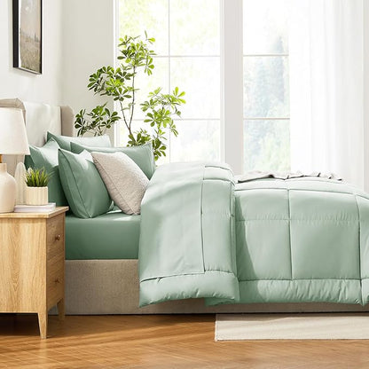 CozyLux Full Size Comforter Sets Sage Green, 7 Pieces Bed in a Bag, Green Comforter Full Size, All Season Bedding Sets with Stitch Quilted Comforter, Flat Sheet, Fitted Sheet, Pillowcases