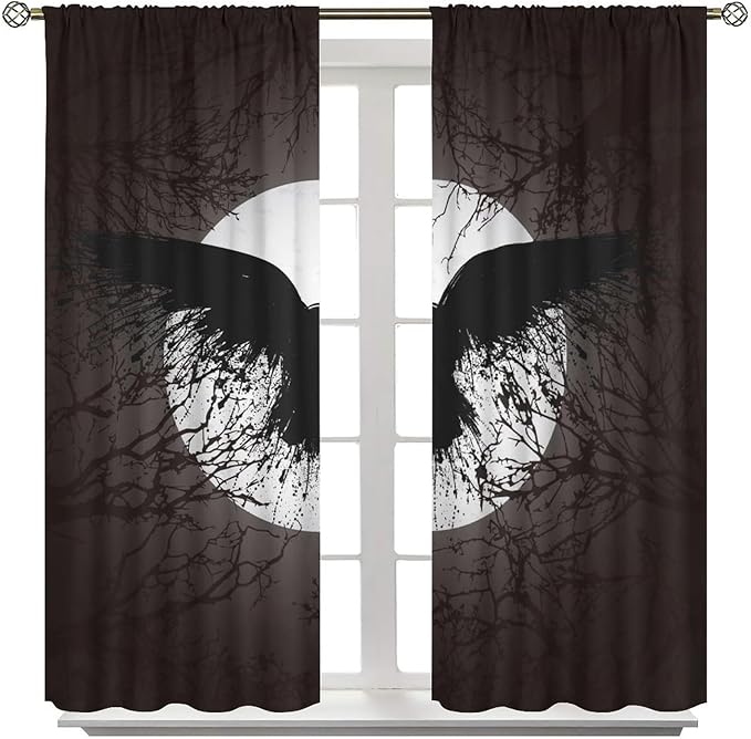 Cool Raven Print Blackout Curtains for Bedroom,Vintage Nordic Viking Theme Dead Tree Crow Full Moon Rod Pocket Thermal Insulated Room Darkening Curtains 2 Panels 45L x 21W