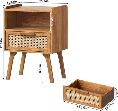Lerliuo Rattan Nightstands Set of 2, Side Table with Drawer, Cane Accent Bedside End Table with Solid Wood Legs, Mid Century Modern Night Stand for Bedroom, Dorm and Small Spaces (Tea Brown)