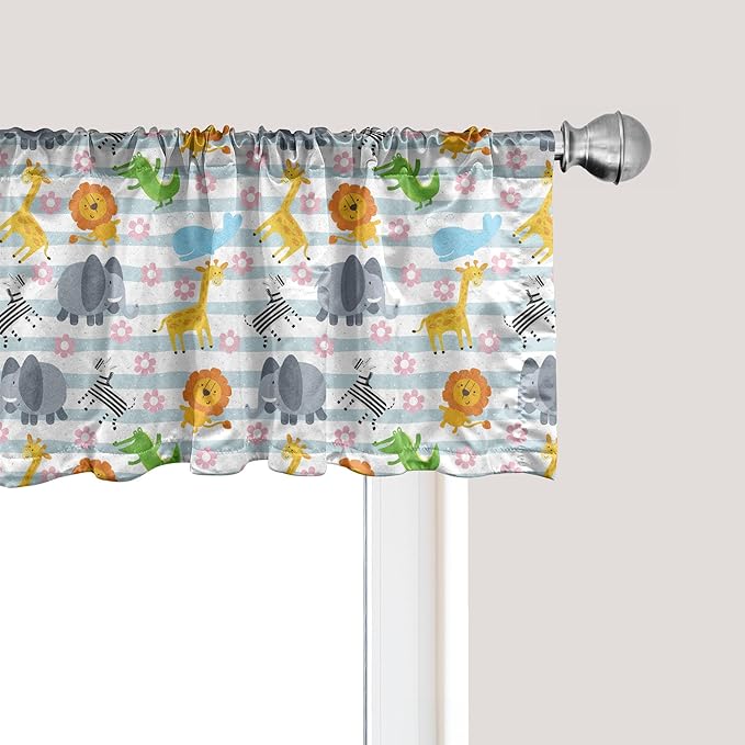 Ambesonne Savannah Window Valance, Friendly Zoo Animals with Happy Faces Cartoon Characters on Stripes Print, Curtain Valance for Kitchen Bedroom Decor with Rod Pocket, 54" X 18", Pale Azure Blue