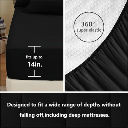 CozyLux Oversized King Comforter Sets Black, 7 Pieces Bed in a Bag, Ultra-Soft All Season Bedding Sets with Stitch Quilted Comforter, Flat Sheet, Fitted Sheet, Pillowcases, Black
