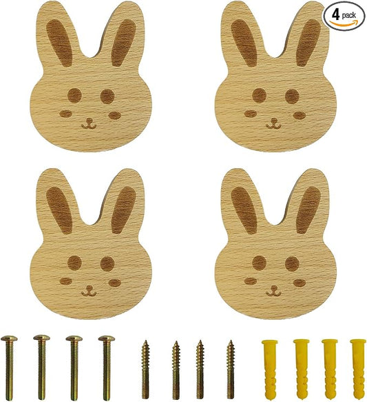 4PCS Wooden Rabbit Shaped Cabinet Knobs, Cabinet Handles, Single Hole Beech Wood Handles, Wood Hooks with Full Set of Screw Accessories