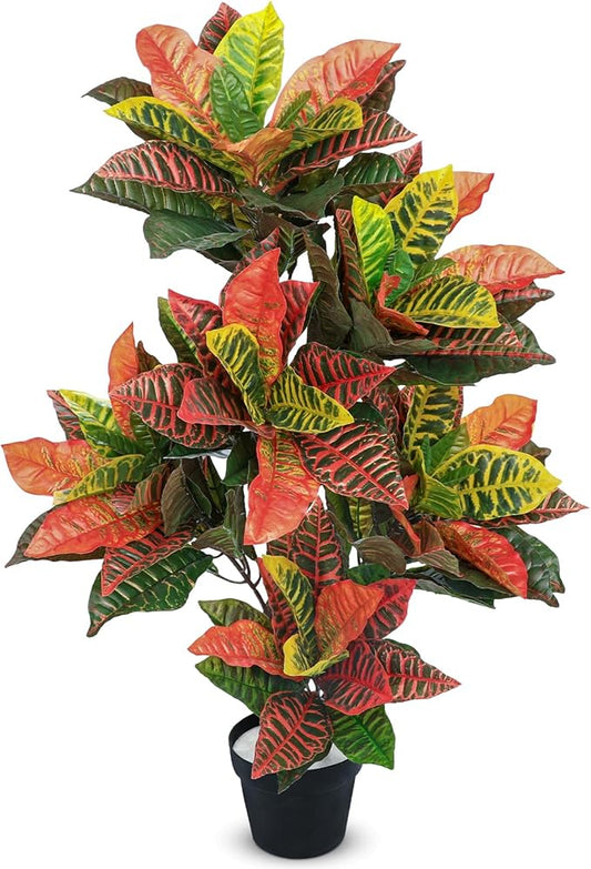 Briful 3.4ft Artificial Croton Tree Fall Decor, Faux Croton Tree with Colorful Variegated Leaves and Pot, Indoor & Outdoor Floor Plant, Home Farmhouse Decor