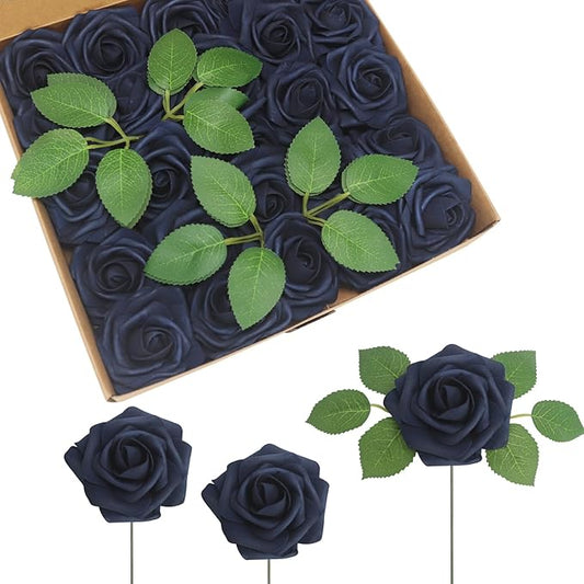 JOYLEX Artificial Flowers Realistic Roses, Real Looking Fake Roses with Stem for DIY Wedding Bouquets Centerpieces Bridal Shower Party Home Romantic Decorations (Navy Blue, Regular 3" - 200pcs)