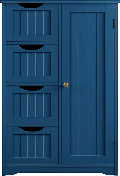 Yaheetech Wooden Bathroom Floor Cabinet, Side Storage Organizer Cabinet with 4 Drawers and 1 Cupboard, Freestanding Entryway Storage Unit Console Table, Bathroom Furniture Home Decor, Navy Blue