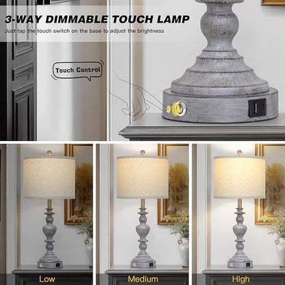 27" Tall Table Lamps for Living Room, 3-Way Dimmable Touch Control Farmhouse Vintage Table Lamps Set of 2 with USB C+A Ports and AC Outlets, Rustic Bedside Nightstand Lamp for Bedrooms Office Grey