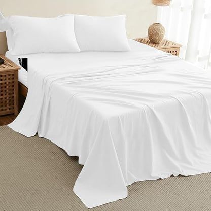 DREAMCARE California King Sheet Sets - Cooling Bed Sheets - 4pcs Set - up to 15" Deep Pocket Cal King Sheets - California King Sheets - Soft & Lasting 100% Brushed Polyester with Side Pocket - White