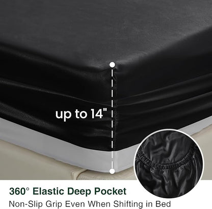 Love's cabin Satin Queen Sheets Set - 4 Piece Black Silky Bed Sheets Set with Deep Pocket, Luxury Silk Feel Satin Queen Size Sheet Set (1 Flat Sheet,1 Fitted Sheet,2 Pillow Cases)