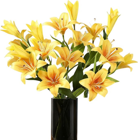 ASTRYAS 18 Heads Artifical Lilies Flowers, Yellow Fake Lily with 9 Heads Full Bloom Lily & 3 Buds-Faux Lilies Bouquets for Home Hotel Flower Arrangement Party Decoration(2, Bright Yellow)