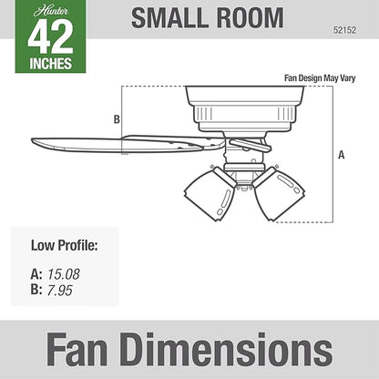 Hunter Fan Company 52152, 42 inch Crestfield Fresh White Low Profile Flush Mount Ceiling Fan with Lights LED and Pull Chain