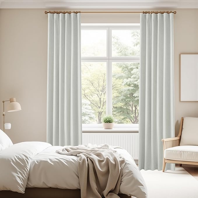 KangBang Greyish White Blackout Curtains 84 Inches Long for Bedroom, Back Tab Pocket Pleated Linen Textured Window Curtains 2 Panels, UV Protection Light Blocking Draperies,4-Way Hanging, 52x84 Inch