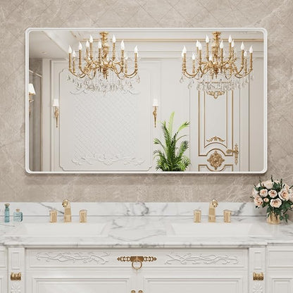 LOAAO 60x40 Inch White Metal Framed Bathroom Mirror for Wall, White Bathroom Vanity Mirror Farmhouse, Large Rounded Rectangle Mirror, Anti-Rust, Tempered Glass, Hangs Horizontally or Vertically