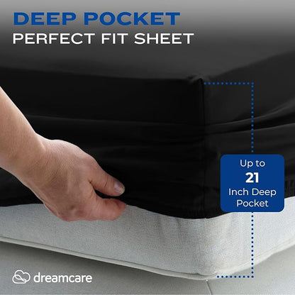 DREAMCARE Queen Sheet Set – 4 pcs Cooling Sheets – up to 21” Extra Deep Pocket Queen Sheets – Hotel Luxury Sheets & Pillowcases – Superior Softness 100% Fine Microfiber with Side Pocket – Black