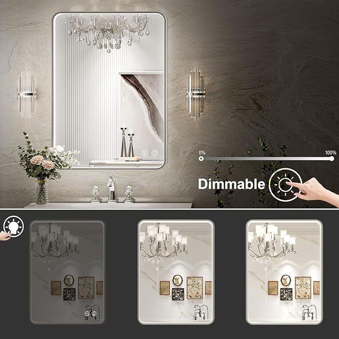 LED Bathroom Mirror with Lights,24x32 Inch Brushed Silver Framed Lighted Vanity Mirror,Anti Fog Stepless Dimmable Wall Mounted(Horizontal/Vertical)