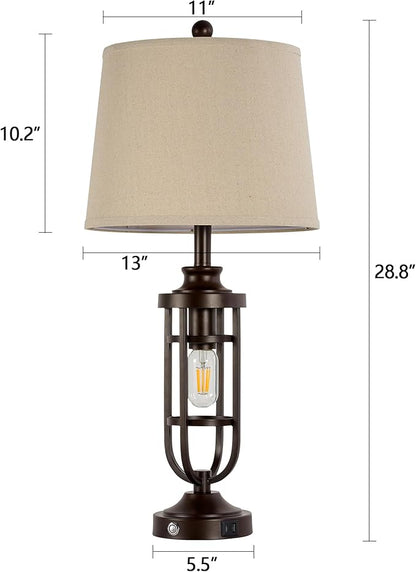 28.8" Farmhouse Table Lamps for Living Room Set of 2, 3-Way Dimmable Touch Lamps with USB Ports, Rustic Nightstand Lamps for Bedroom End Tables, Bulbs Included