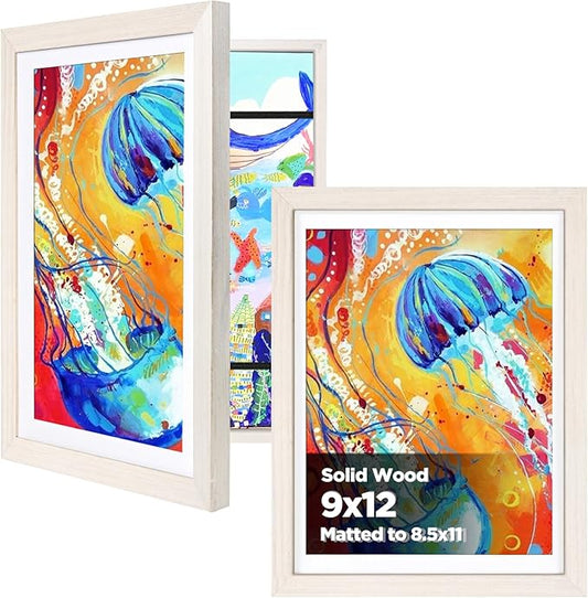 KINLINK 9x12 Kids Art Frames Set of 2, Solid Wood Kids Artwork Frames Changeable with Acrylic Front Opening Holds 150 Pictures, Art Frame for Kids Artwork with Mat or without Mat, White Wood