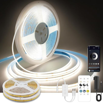 COB LED Strip Lights Natural White,24V Dimmable led Light Strip KIT with Remote and app Control,4000K 50FT/15m 8mm Wide Ra>90 Cuttable Flexible Strip Lights for Bedroom,Shelf,Cabinet