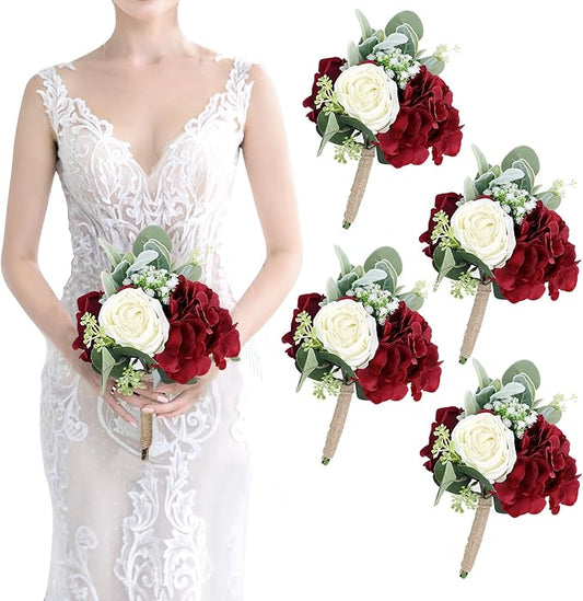 Artificial Flowers Bridesmaid Bouquets - Set of 4 Bridesmaid Bouquet Burgundy White Handmade Silk Floral Bouquet for Wedding Ceremony Anniversary, Bridal Shower, Home Table Decorations