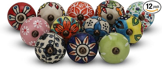 Ceramic Cabinet knobs for Drawers 12 Piece Multicolor Cupboard Door Knob Furniture Pull Handles for Kitchen, Wardrobes Boho Home Interior Decor - Pack of 12