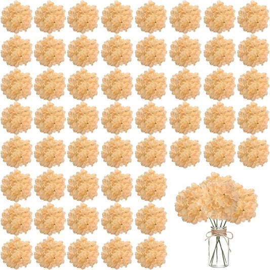 WEISPARK 100PCS Artificial Hydrangea Flowers, Fake Flowers Silk Hydrangea Full Flowers Heads with Stems for Wedding Home Party Shop Baby Shower Decor (Champagne)