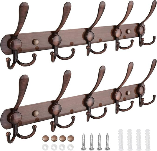 TICONN Wall Mounted Coat Rack, Five Heavy Duty Tri Hooks All Metal Construction for Jacket Coat Hat in Mudroom Entryway (Antique Bronze, 2-Pack)