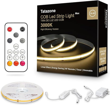 White COB Led Strip Lights Max with RF Remote, 16.4ft 3000K Dimmable Ultra Bright Warm White COB Light Strip, Adhesive Indoor COB Led Lights for Living Room, Shelf, Cabinet