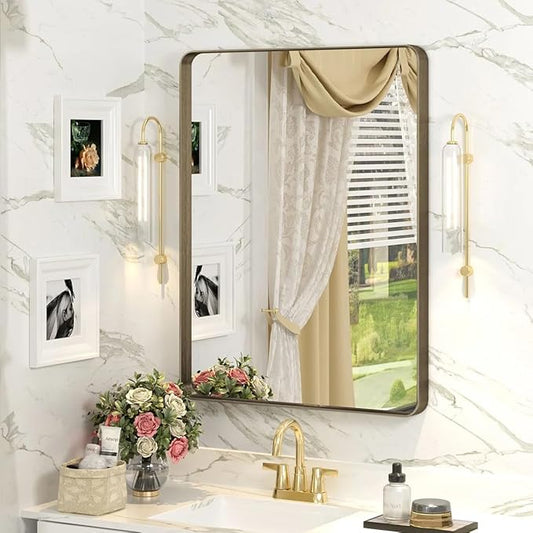 22x30 Bronze Bathroom Wall Mirror, Brushed Metal Framed Vanity Mirror for Wall, Rounded Rectangle Mirror for Modern Farmhouse Wall, Anti-Rust (Horizontal/Vertical)