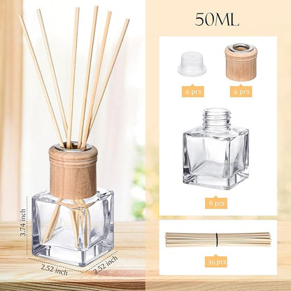 Roshtia 6 Set Reed Diffuser Bottle Empty Refillable Fragrance Glass Diffuser Bottles with Wooden Caps Rattan Sticks 50ml 1.7 oz Square Glass Jars for DIY Fragrance
